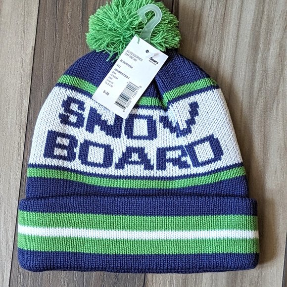 NWT Sears One Size Snowboard Beanie Hat Green Blue with Pom Pom Adult/Ki… - Picture 5 of 5